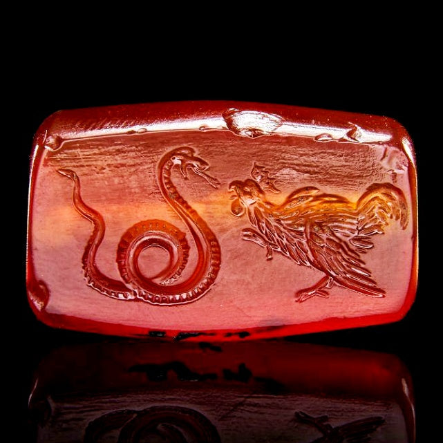Greek carnelian ring stone 5th century BC snake serpent rooster cockerel hen combat
